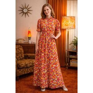 Vtg 60s Psychedelic Hippie Hostess Daisy Print Maxi Dress Mod Puff Sleeves 4/6